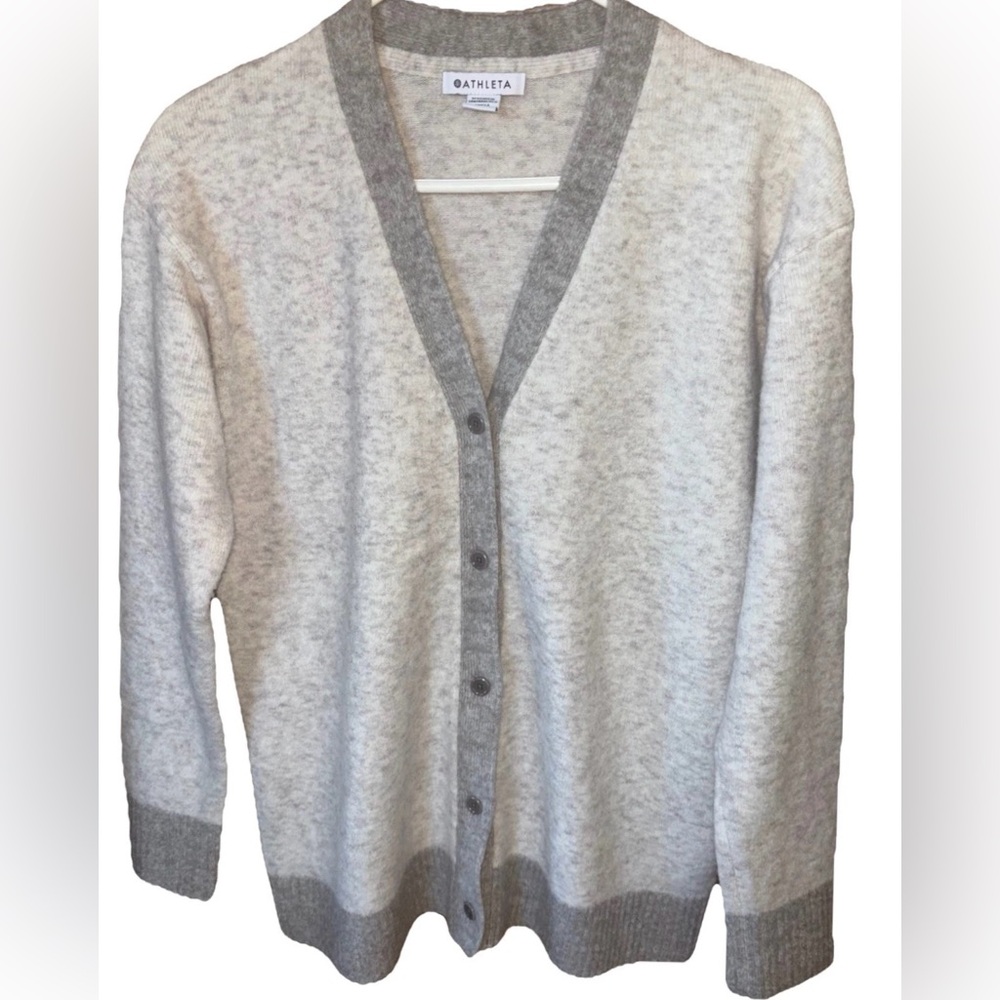 Athleta Women's Cardigan Sweater Merino Wool Blend Heathered Gray Size S Stretch